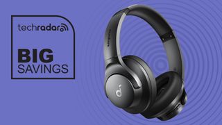 A pair of Anker Soundcore Q20i headphones on a purple background next to a TechRadar badge that reads 'Big Savings'