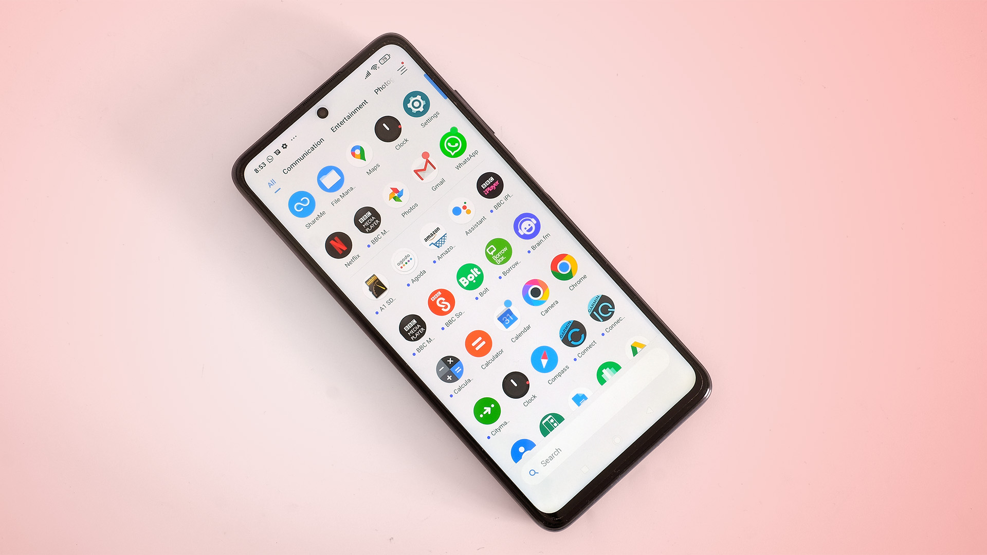 A Xiaomi Poco X3 Pro from the front, displaying the apps drawer