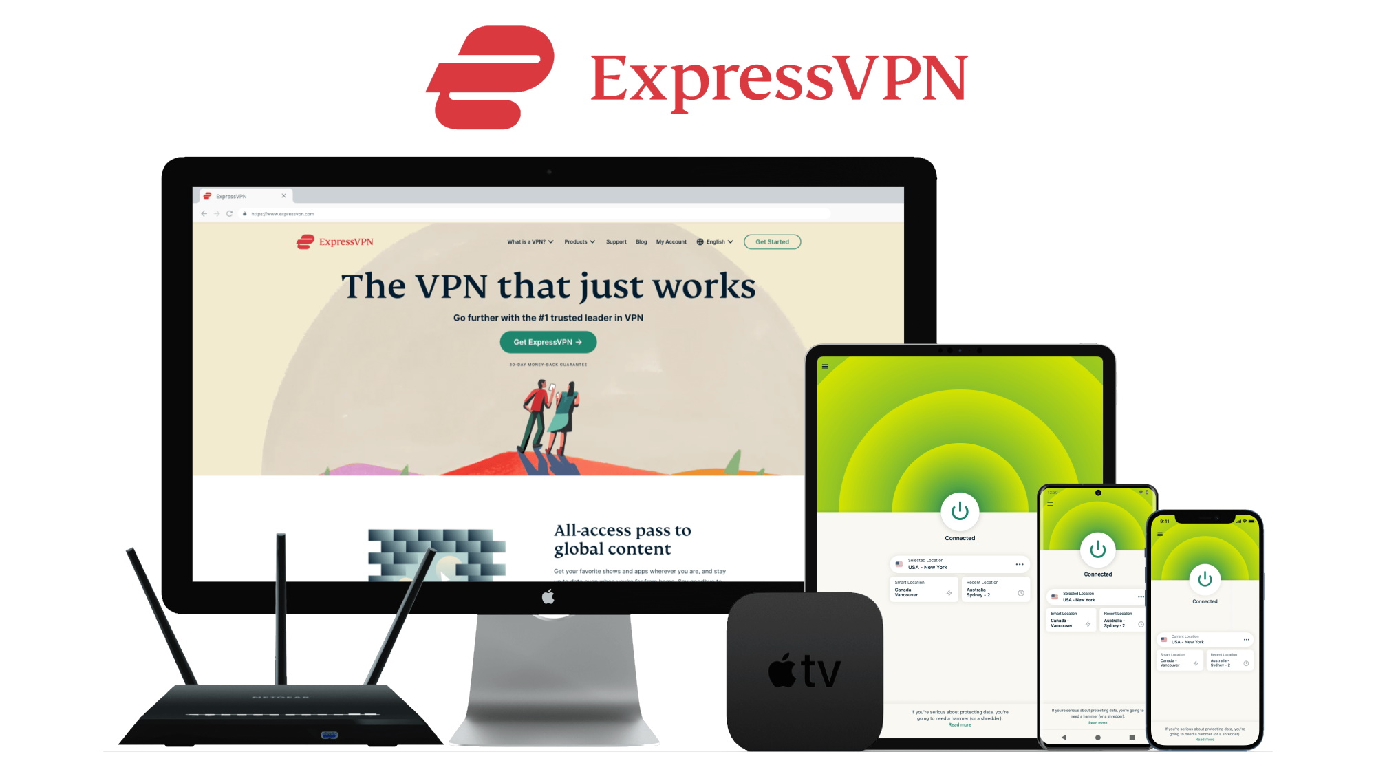 ExpressVPN running on a PC, tablet, mobile devices, and a router