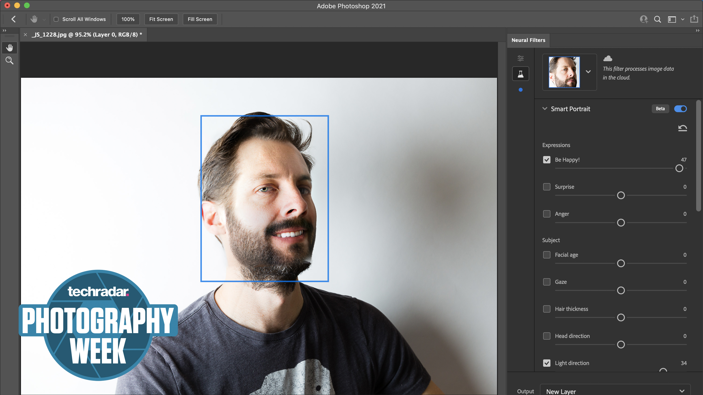 A man's face being edited with Photoshop's neural filters