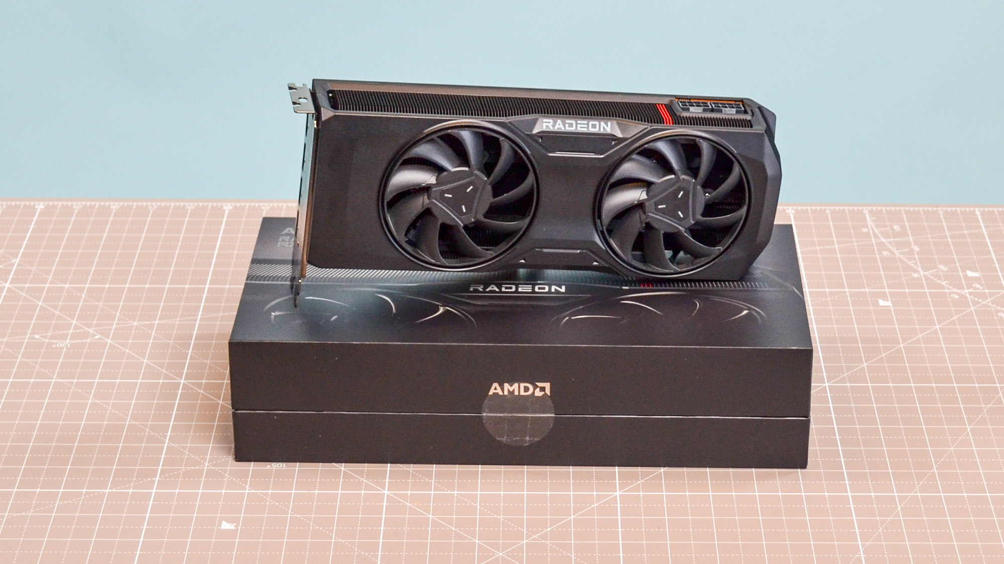An AMD Radeon RX 7800 XT on a table