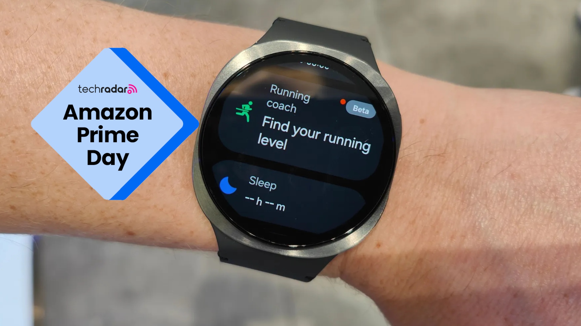 Samsung Galaxy Watch 8 on wrist with Prime Day TecHRadar logo