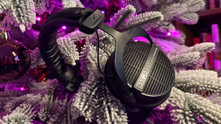 The Beyerdynamic DT 990 Pro hanging on a Christmas tree
