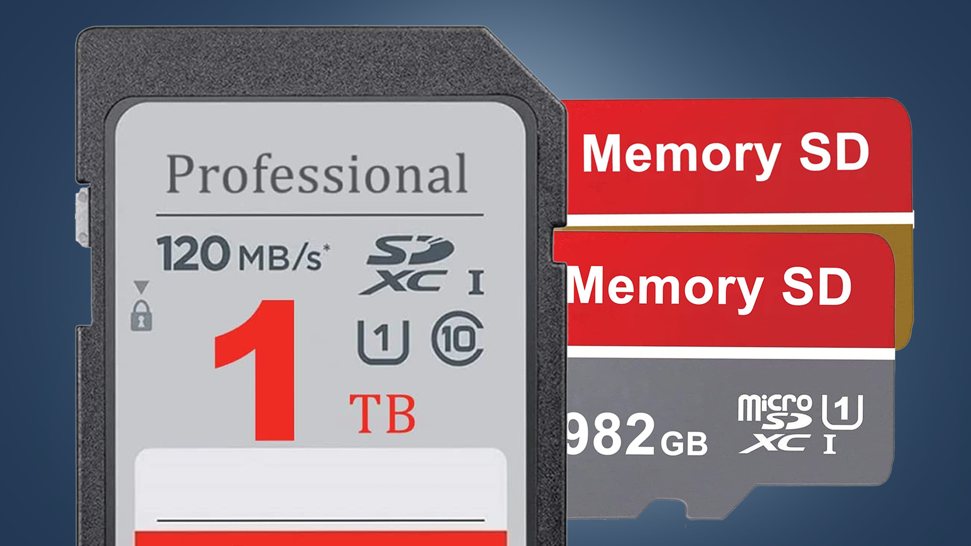 Three memory cards on a blue background