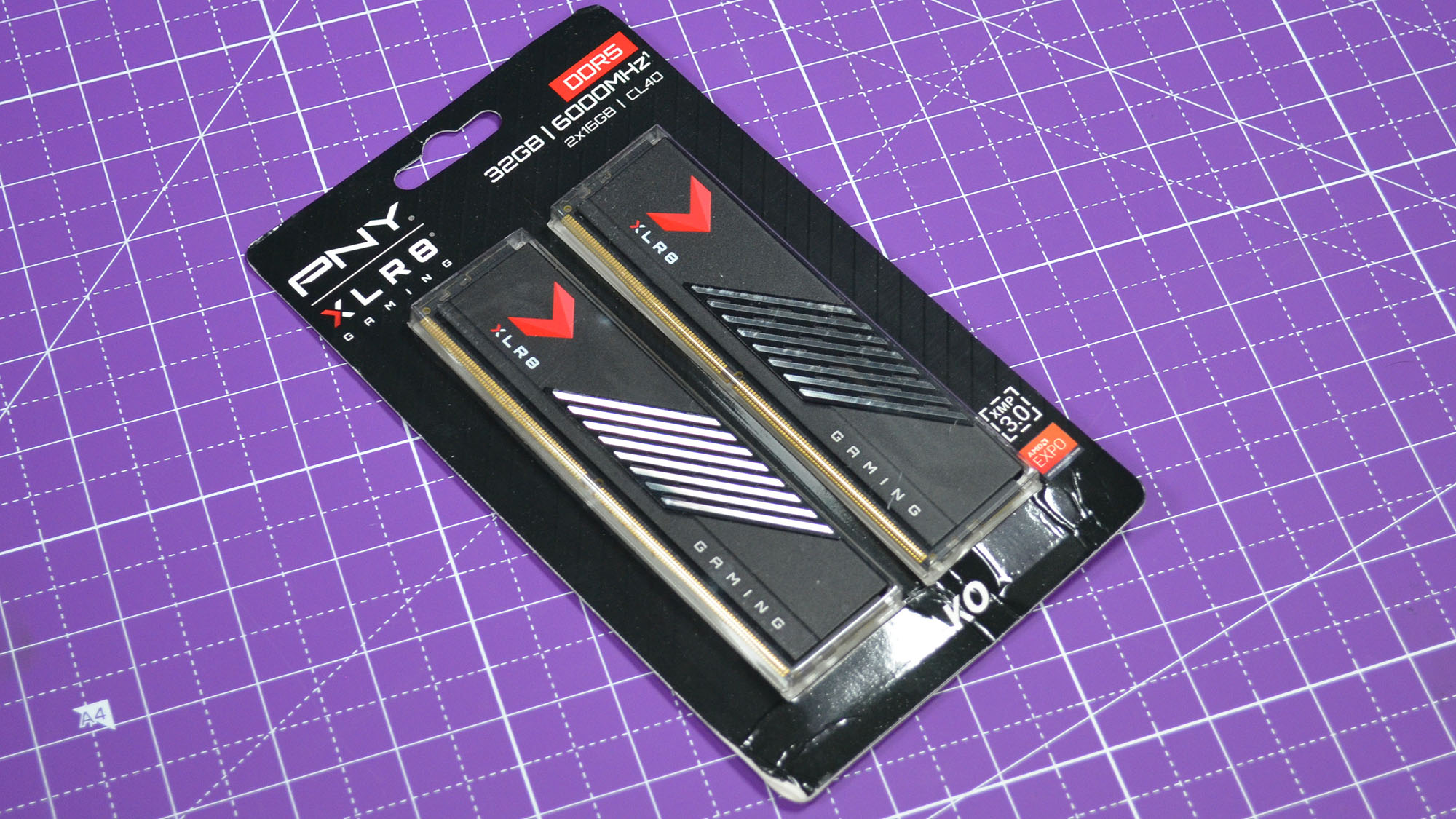 PNY xlr8 gaming mako ddr5 sticks on a purple desk mat