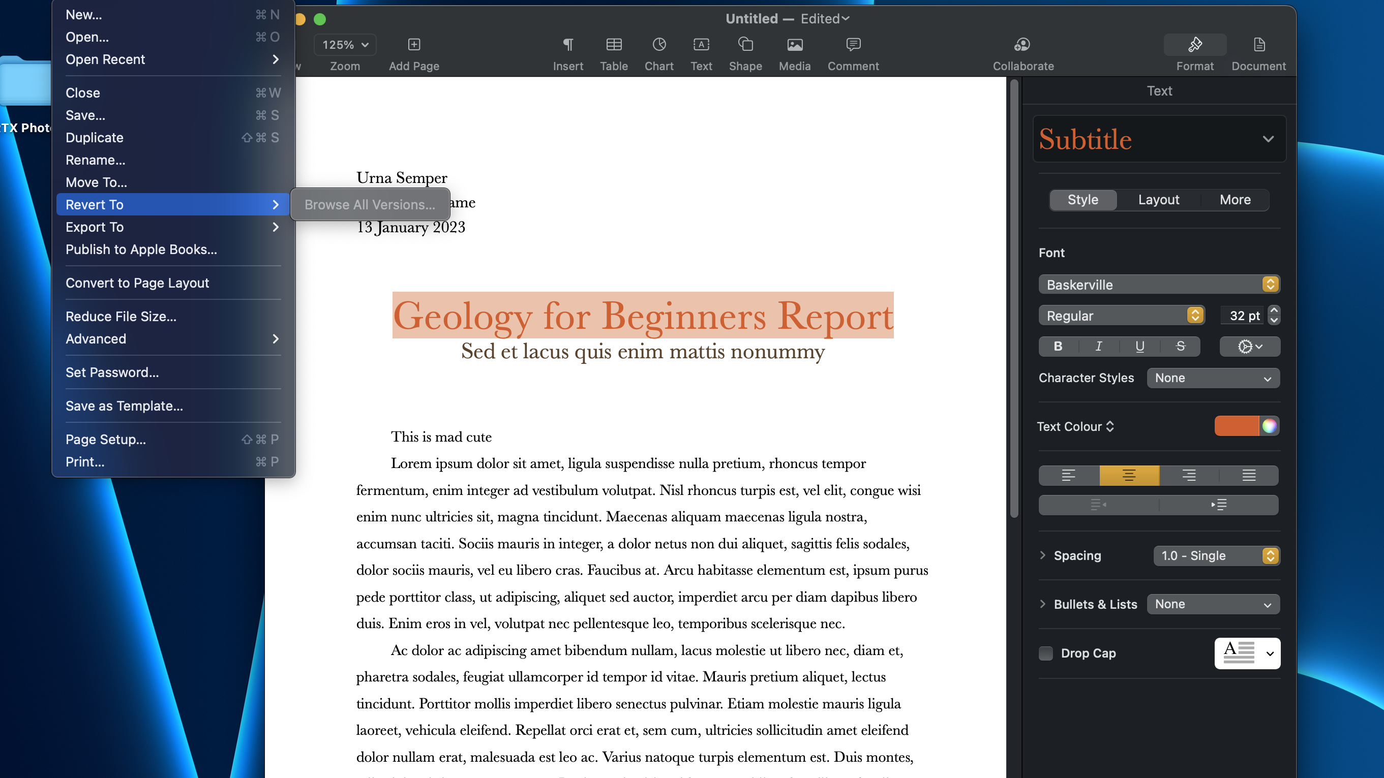 Screenshot of version history on Pages