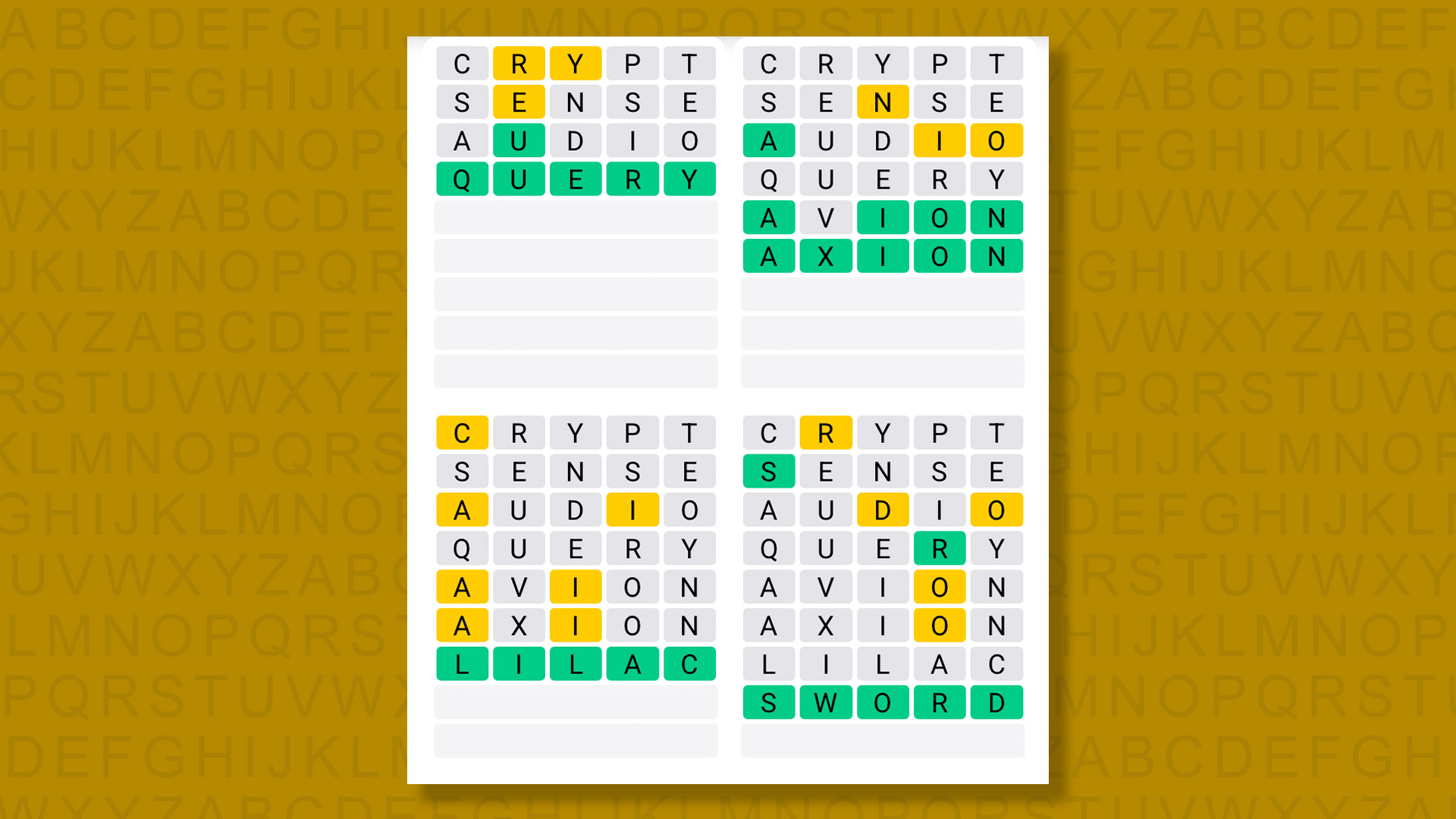 Quordle answers for game 1595 on a yellow background