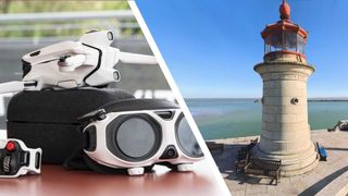 The Antigravity A1 drone with goggle and motion controller (left), a 3D gaussian splatting rendering of a lighthouse