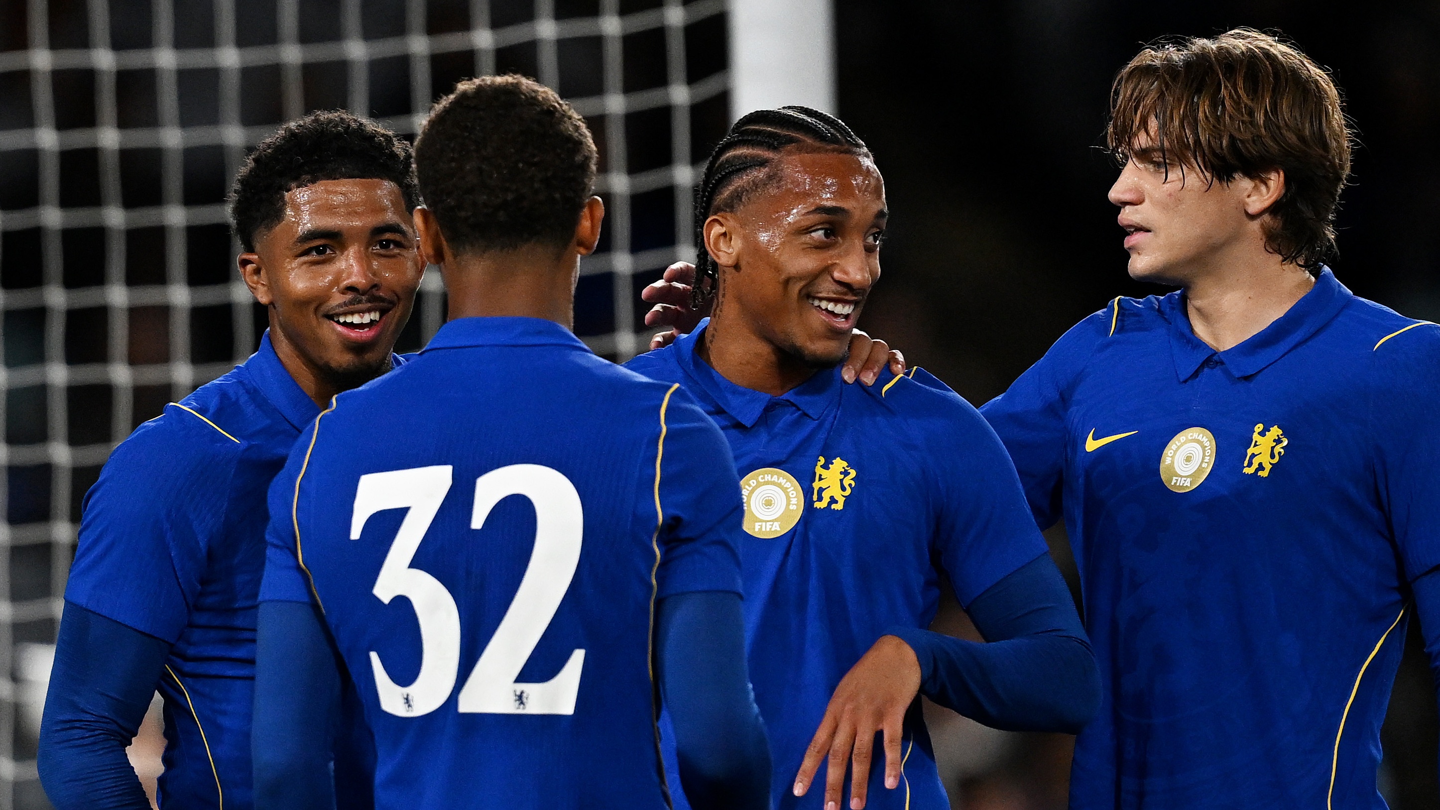 Joao Pedro of Chelsea celebrates scoring his team's sixth goal and his hat-trick in the Sydney Super Cup against Western Sydney Wanderers FC at Accor Stadium on July 28, 2026 in Sydney, Australia