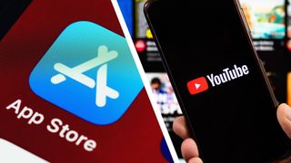 A smartphone with youtube logo and blurred youtube interface at background and the Apple App Store icon
