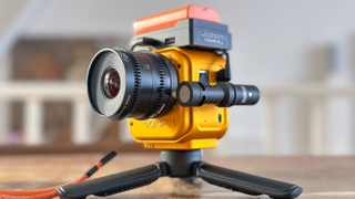 Octopus Cinema 16 on table tripod, rigged up with mic and battery
