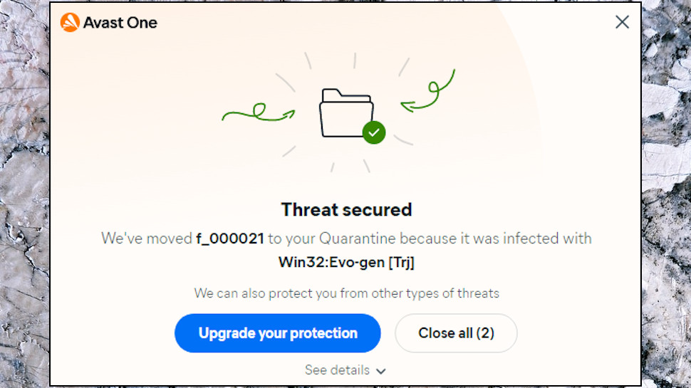 Avast One Gold: Threat quarantined.