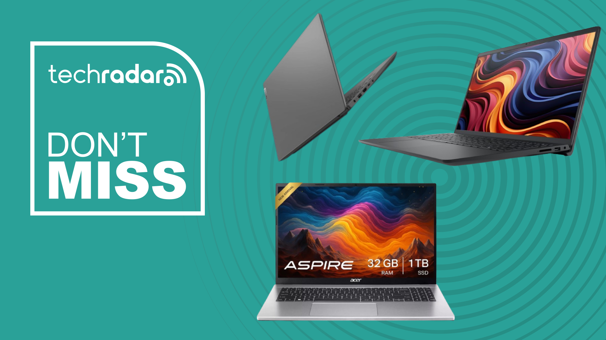 Three laptops on a green background next to a TechRadar badge that reads 'Don't miss'