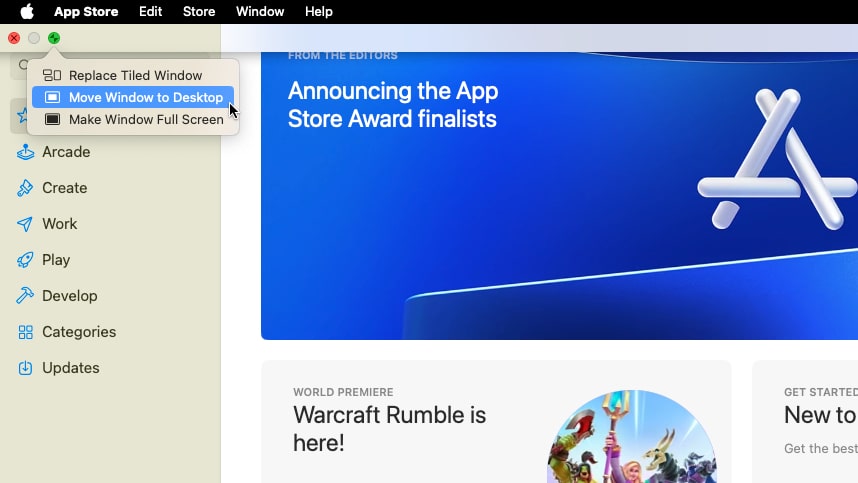 Moving a window to the desktop in macOS using Split View.