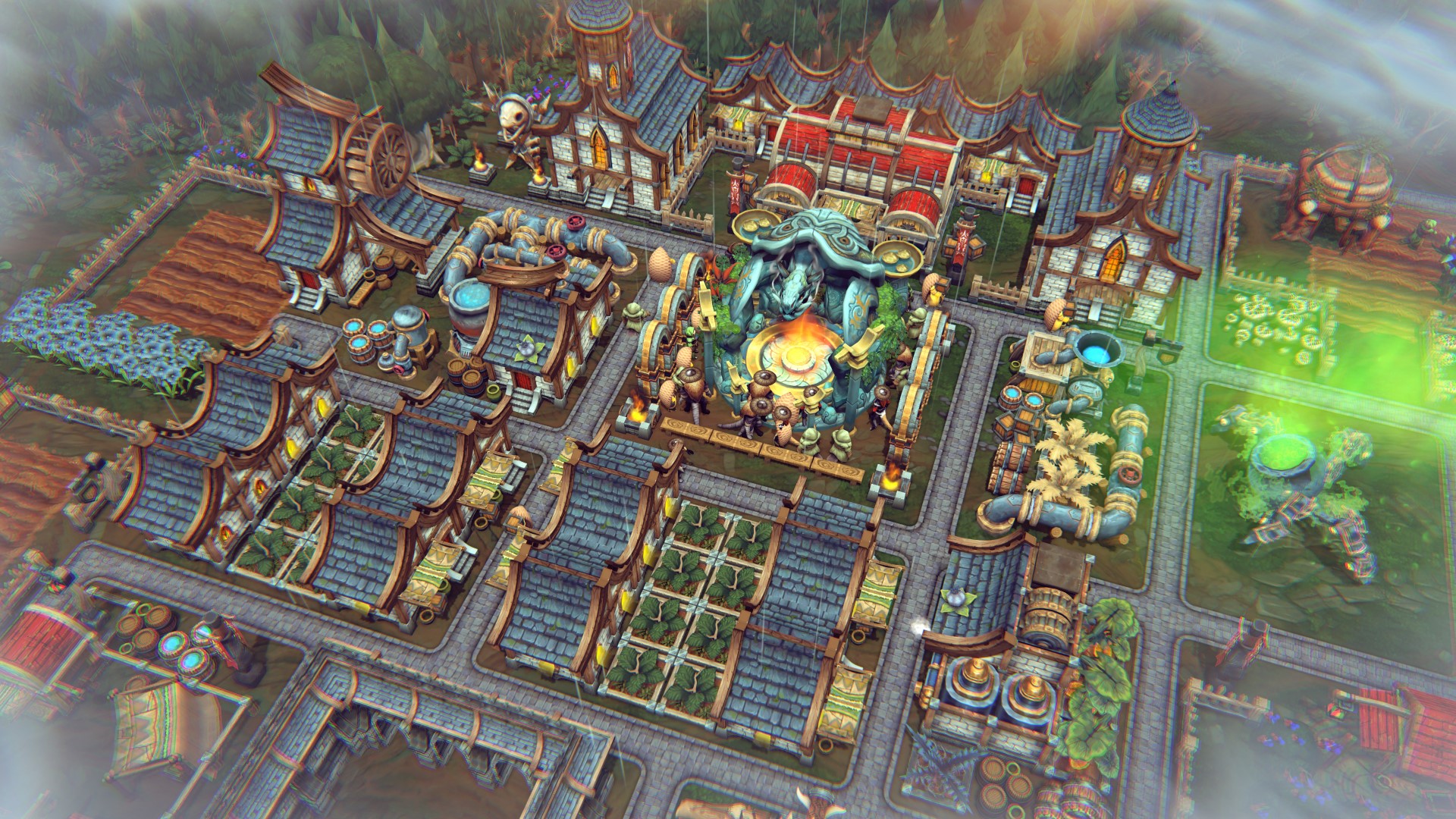 An Advanced Settlement centered around a hearth in Against the Storm