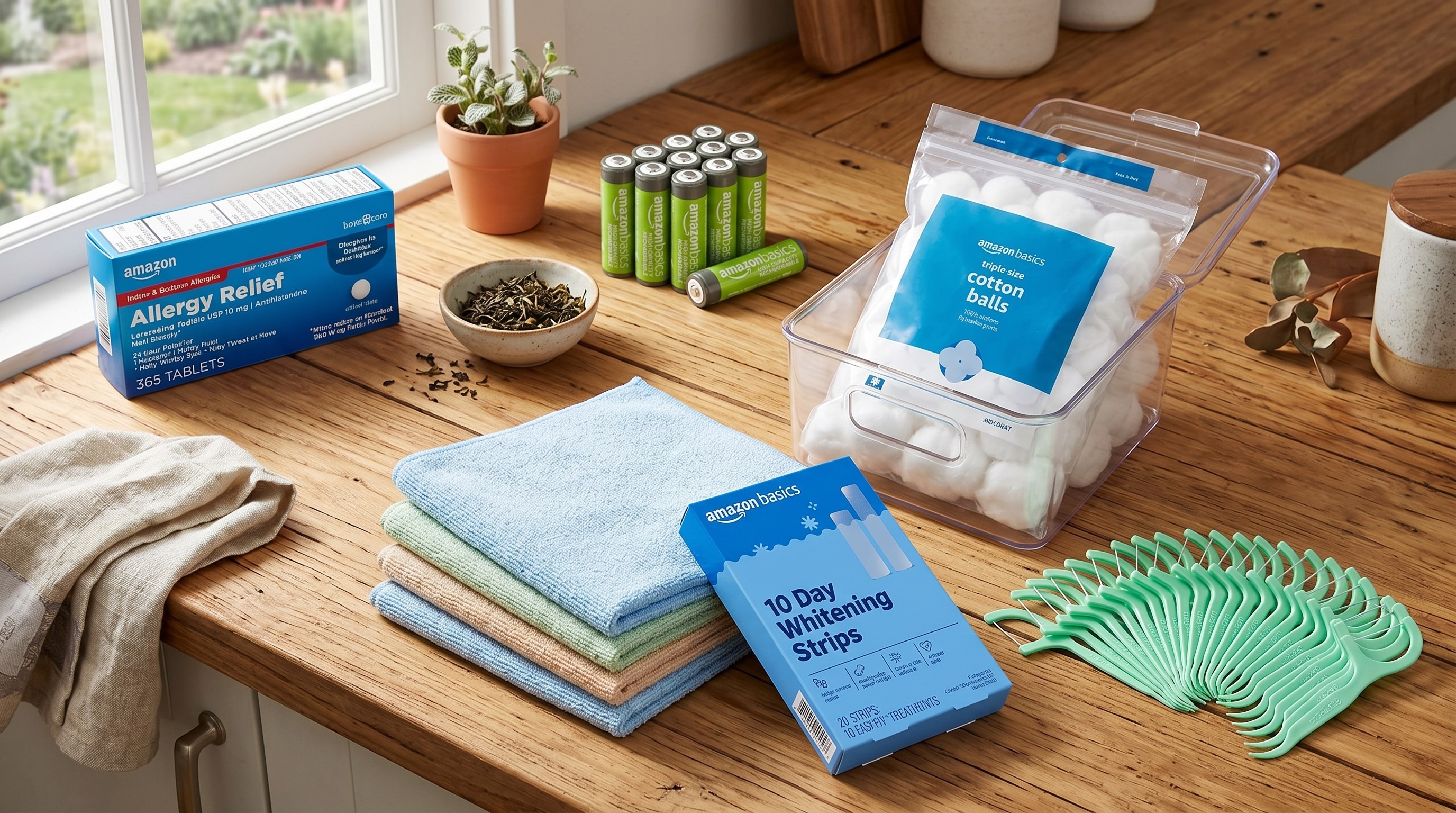 Assorted Amazon everyday essential products arranged on a kitchen desktop
