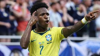 Vinicius Junior of Brazil celebrates scoring his team's second goal during the FIFA World Cup 2026 Group C match between Scotland and Brazil at Miami Stadium on June 24, 2026 in Miami Gardens, Florida