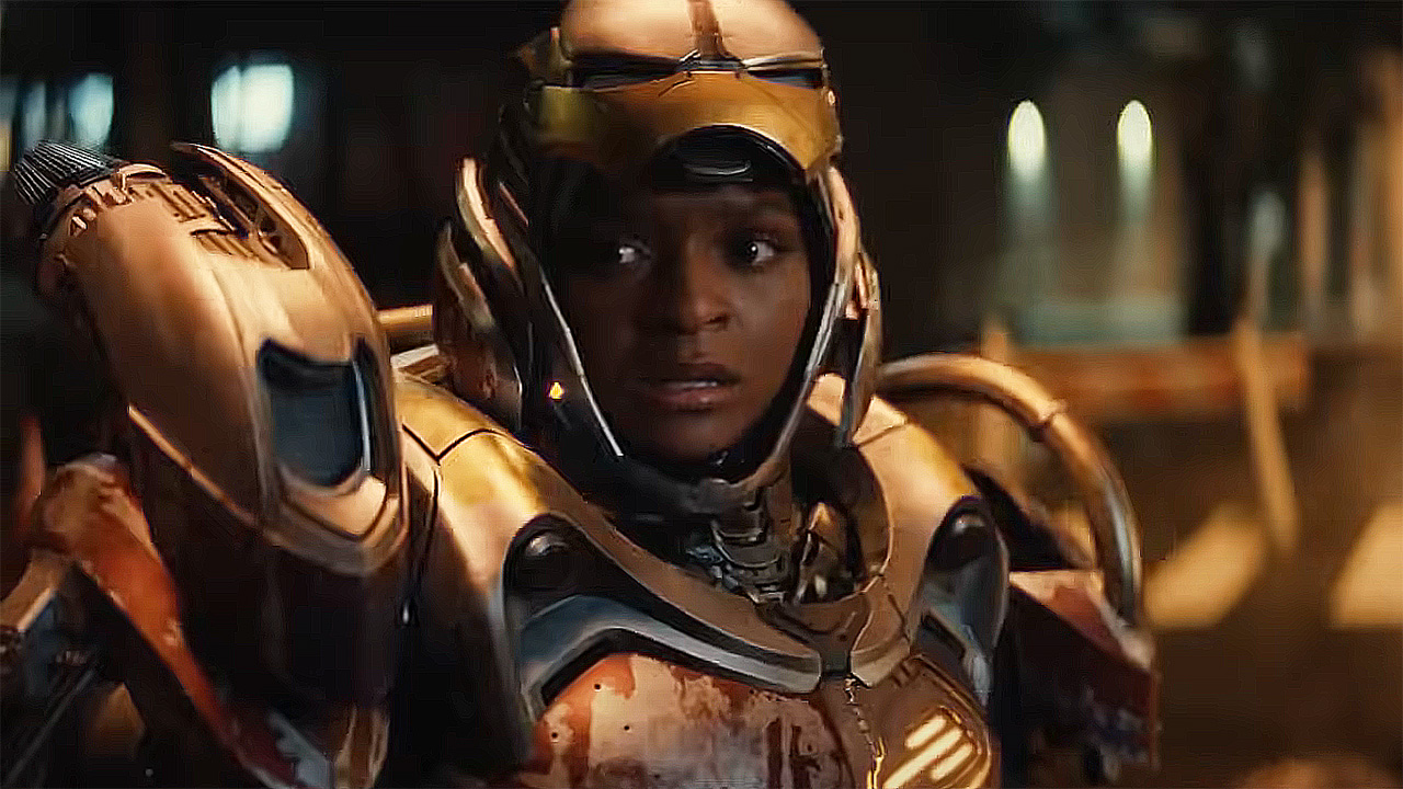 Riri Williams looking worried as she wears her super-suit at night in Marvel's Ironheart TV show