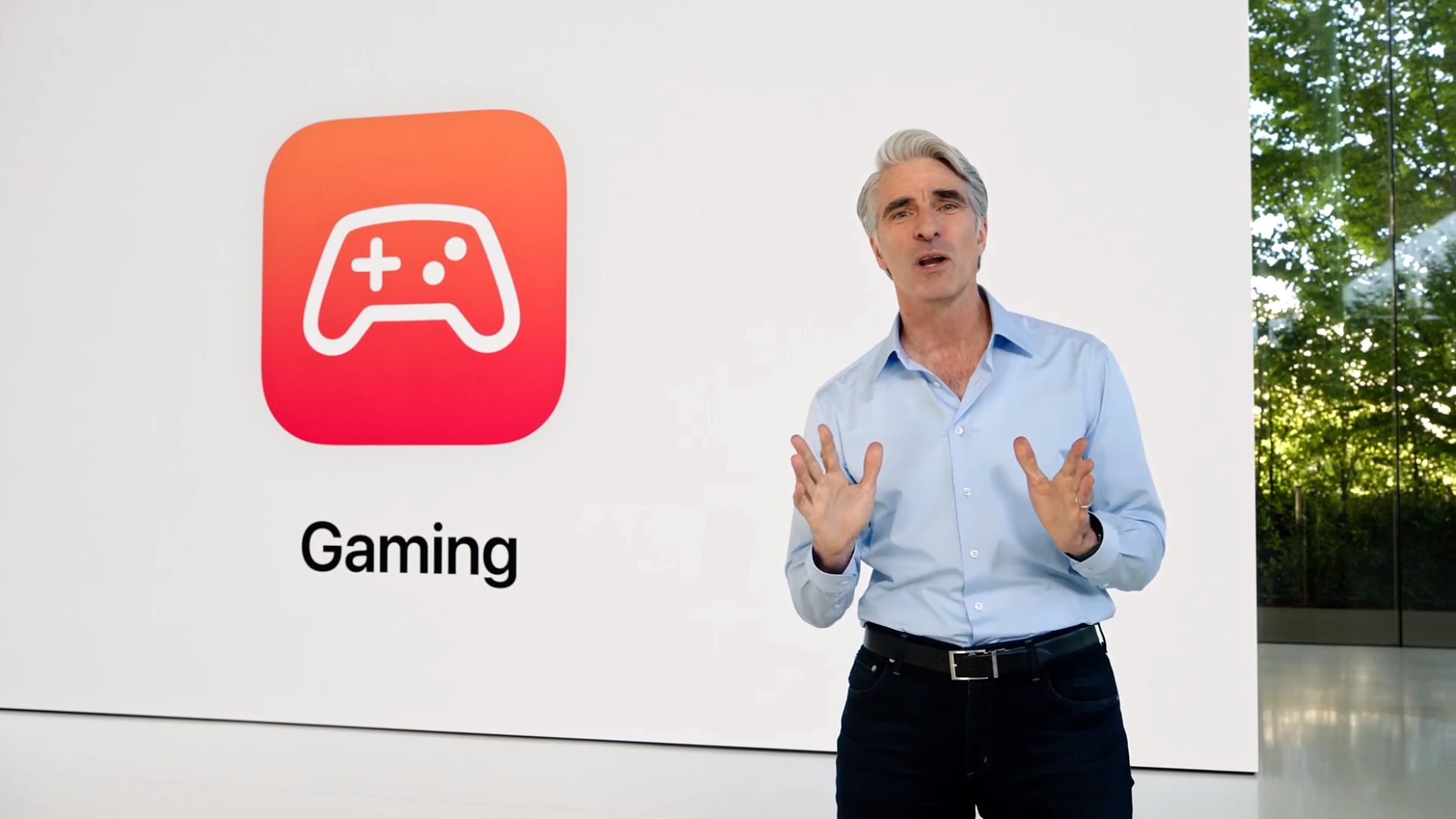 Apple's Craig Federighi discussing gaming at the Worldwide Developers Conference (WWDC) 2022.