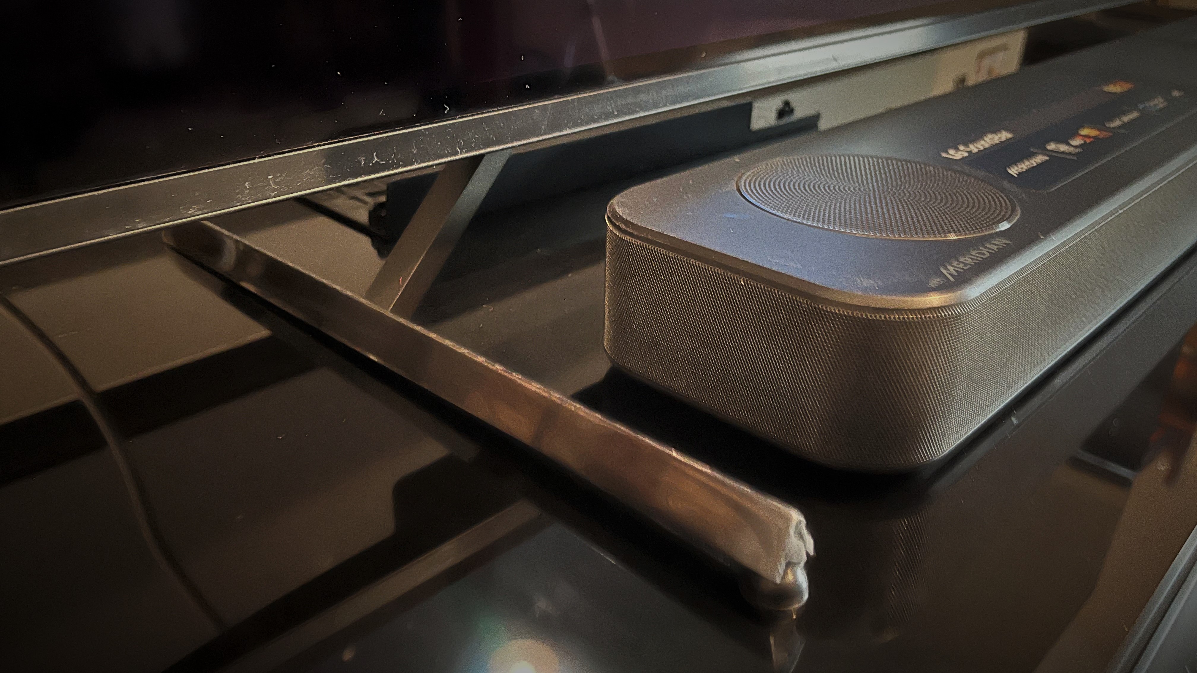 Sony XR A80K OLED adjustable stand close up with soundbar