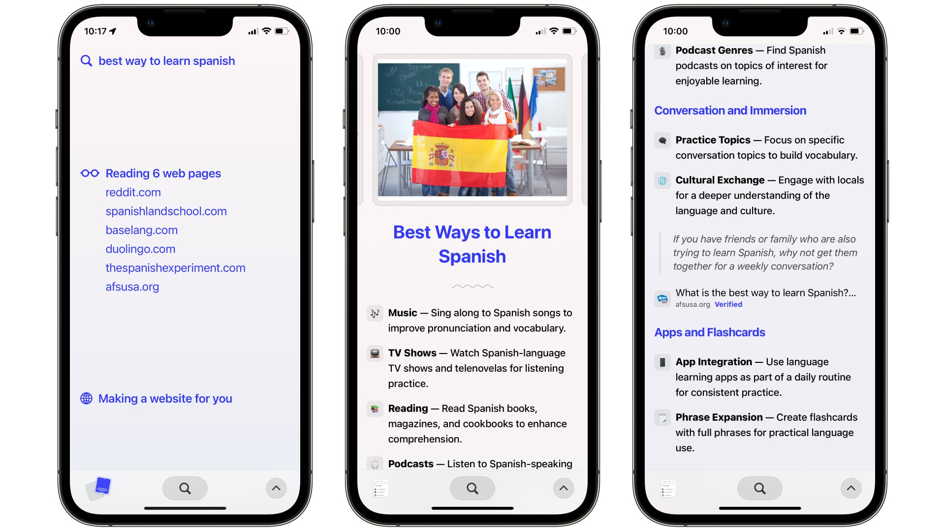 The Arc Search web browser for iOS running on an iPhone, with various search results displayed.