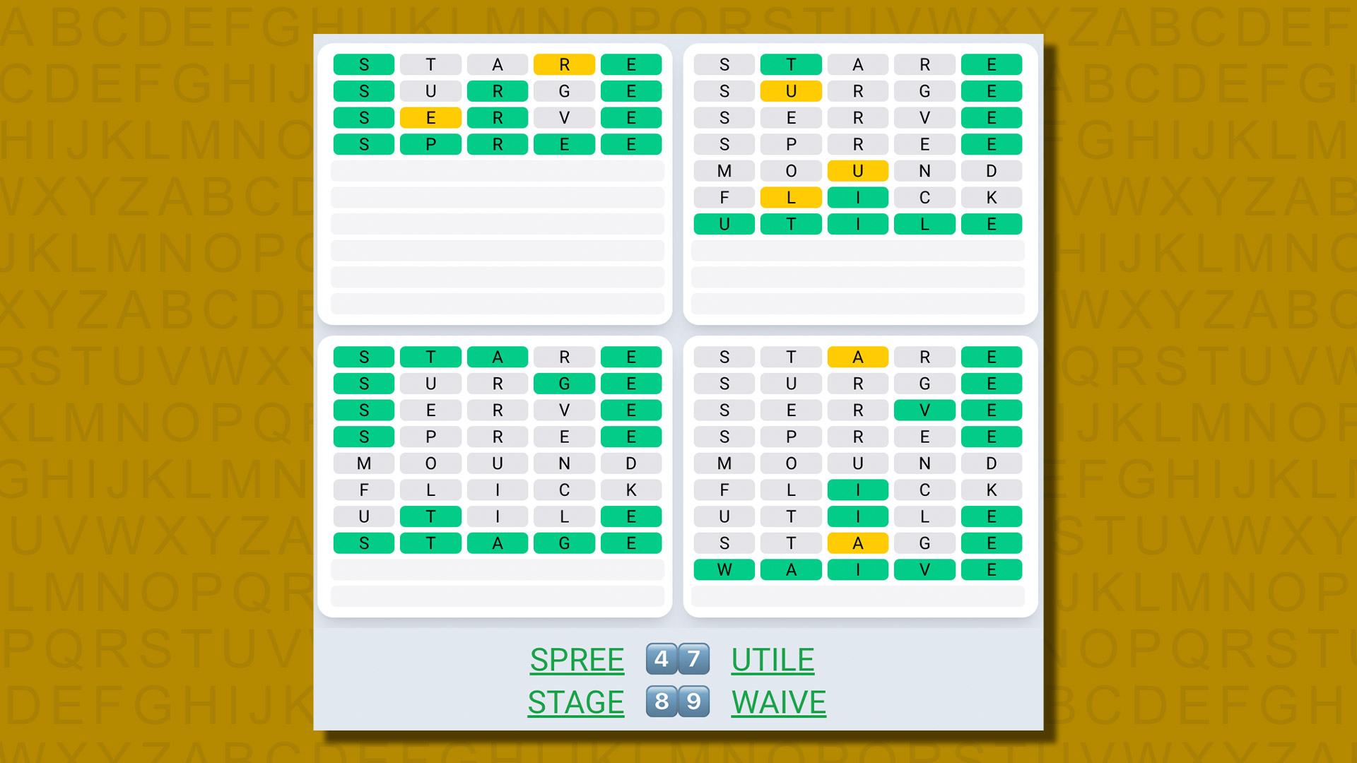 Quordle daily sequence answers for game 575 on a yellow background