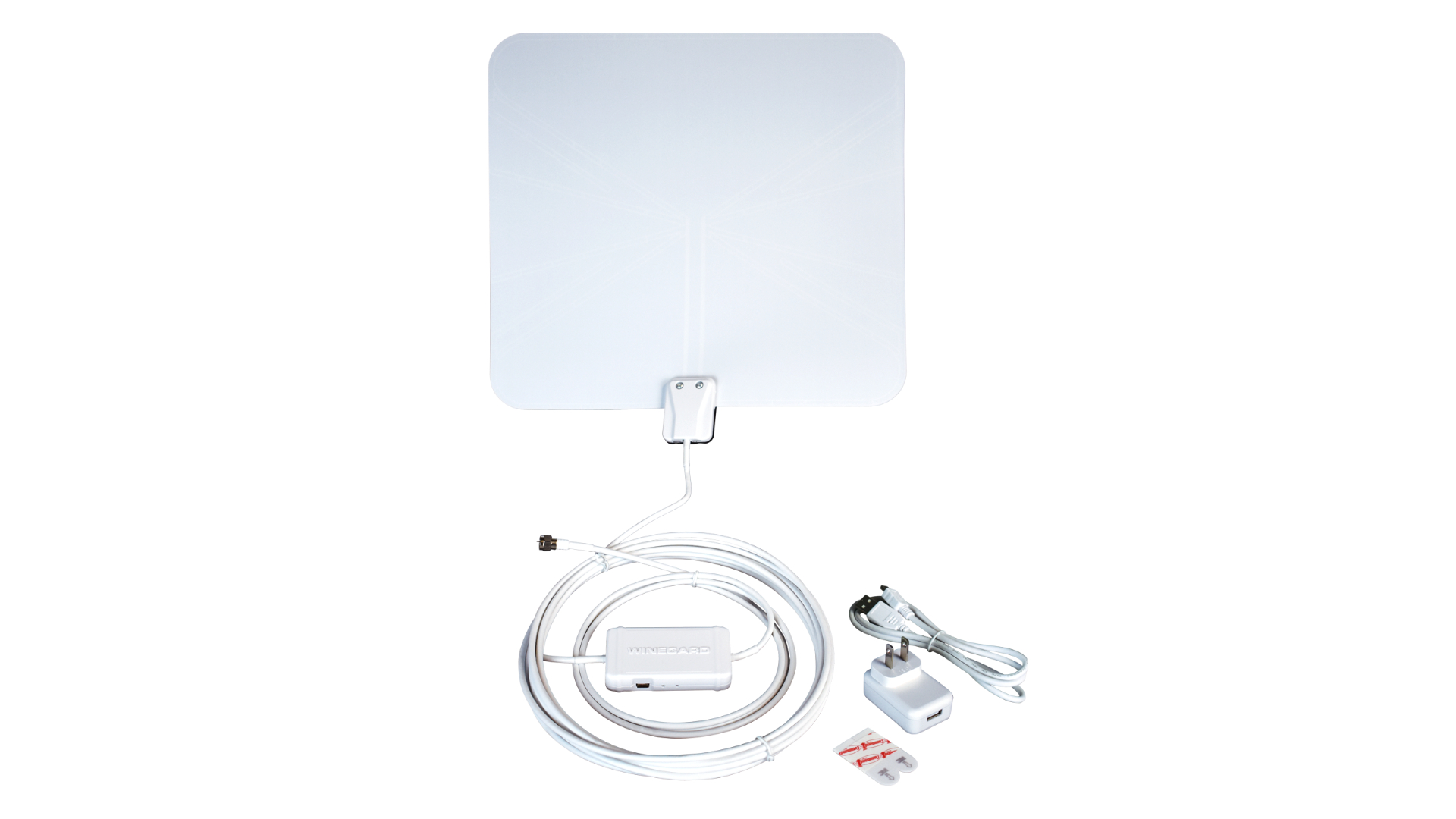 Winegard TH-3000 antenna with accessories against white backgroiund