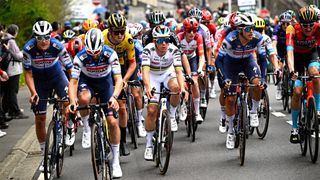 The peloton at the 2023 Li&egrave;ge-Bastogne-Li&egrave;ge cycling race.