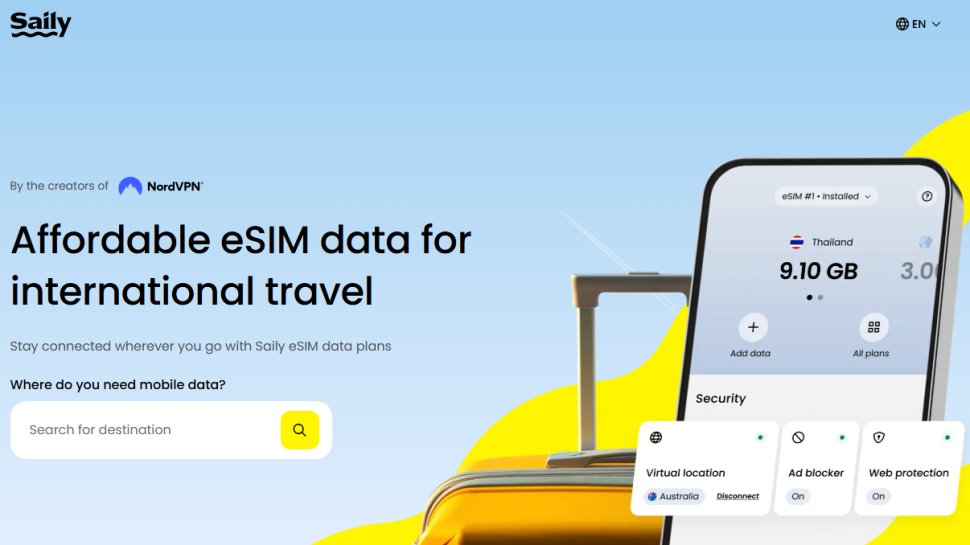 Website screenshot of Saily (February, 2026)