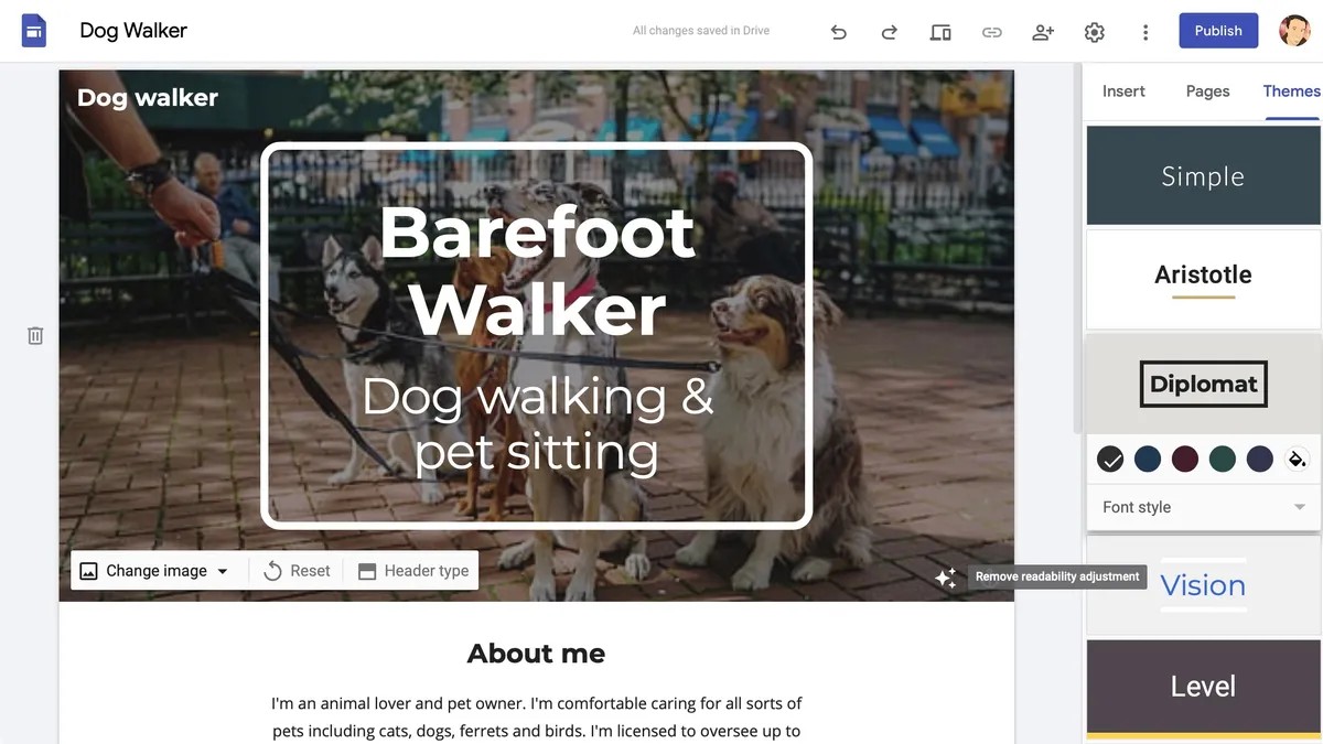 Screenshot of Google Sites website builder