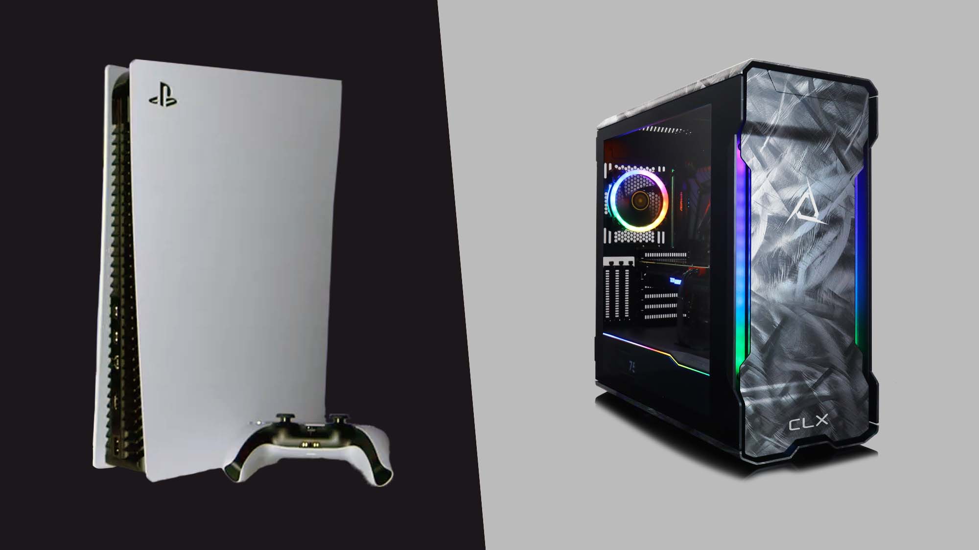 A PS5 against a black diagonal background opposite a CLX scarab against an off-white diagonal background