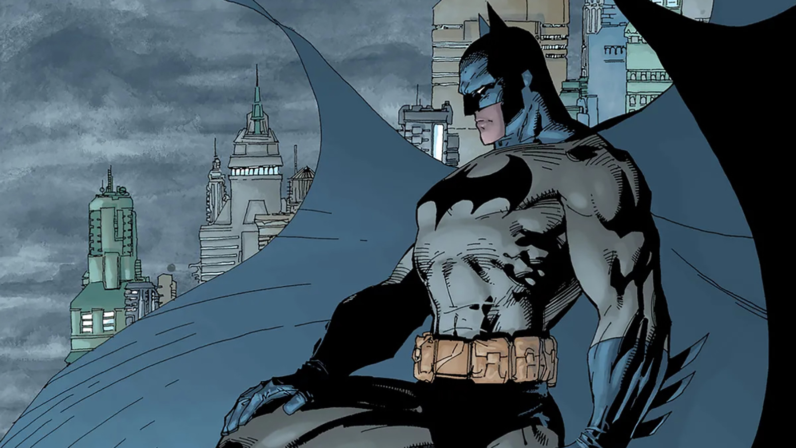 Batman standing on a gargoyle as he overlooks Gotham City