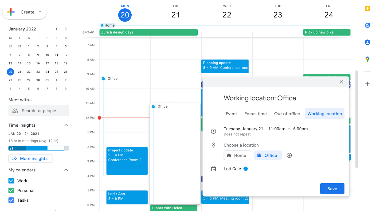 Google Calendar working location