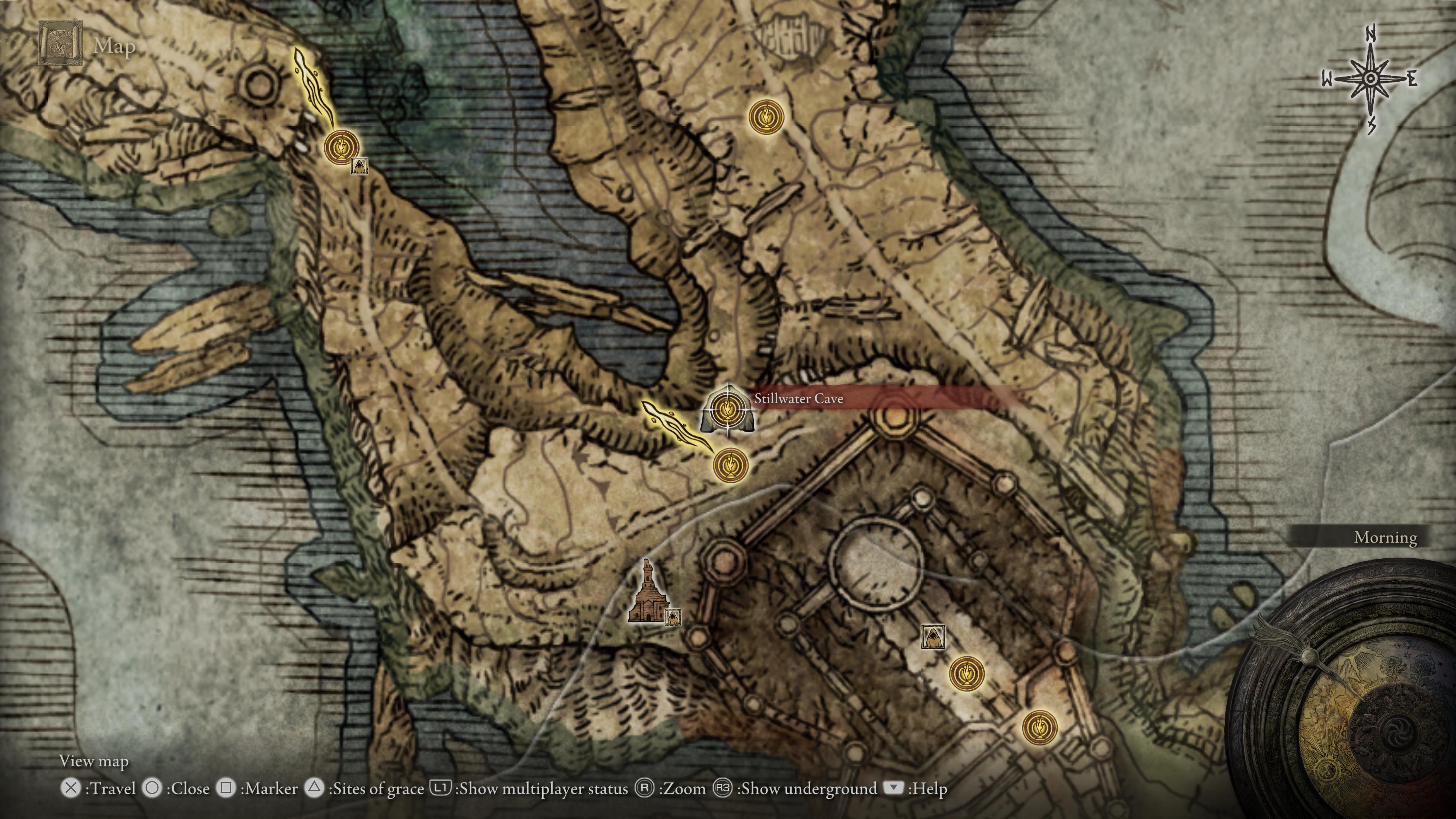 Elden Ring map showing Stillwater Cave