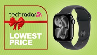 A Space Grey Apple Watch 11 in a green TechRadar deals background and a red bow