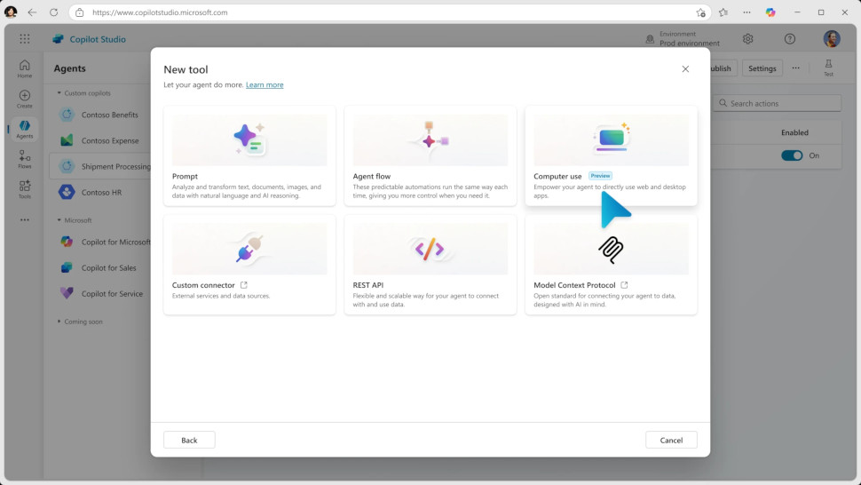 Microsoft Copilot Studio computer use function for ai agents