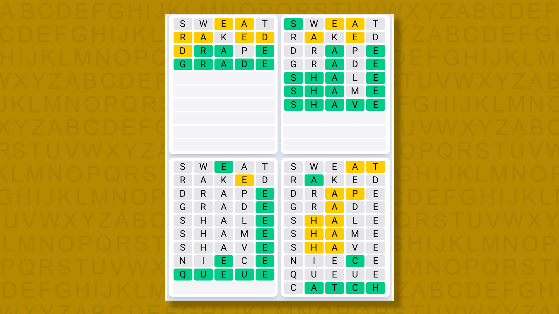 Quordle Daily Sequence answers for game 1561 on a yellow background