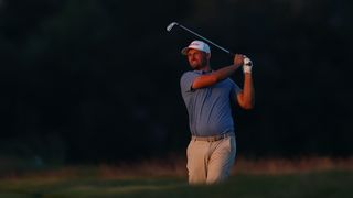 Wyndham Clark plays a shot on the sixth hole during the first round of the 2026 US Open at Shinnecock Hills