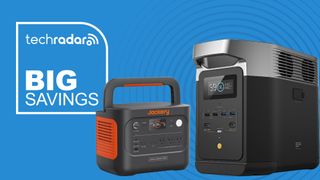 A Jackery and EcoFlow portable power station on a blue background next to a TechRadar badge that reads 'Big Savings'