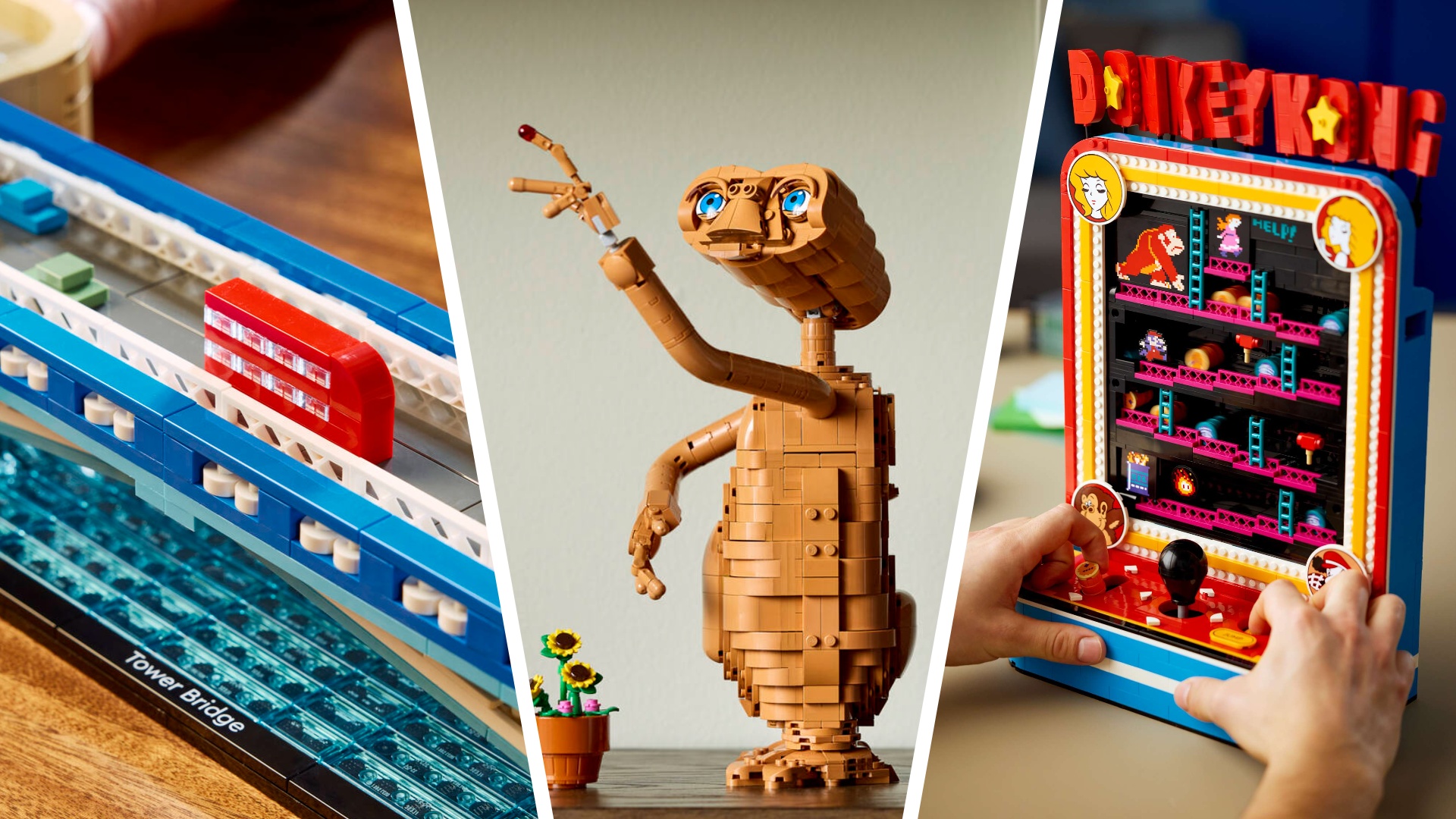 Lego Tower Bridge, ET and Donkey Kong arcade game sets, photographed close-up