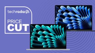 Two MacBook Air laptops on a purple background next to a TechRadar badge that reads 'Price Cut'