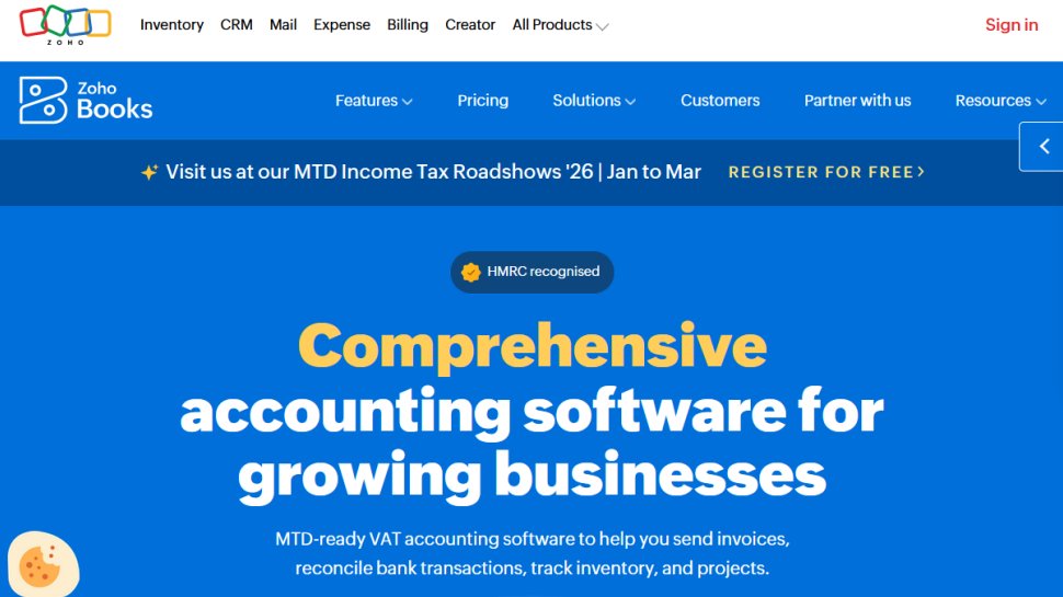 Zoho Books website screenshot (March 2026).