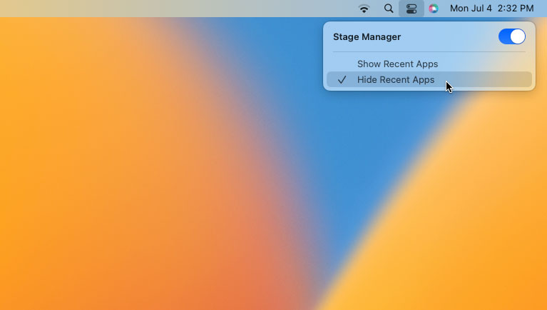 Stage Manager's Recent Apps menu in the macOS Ventura menu bar.
