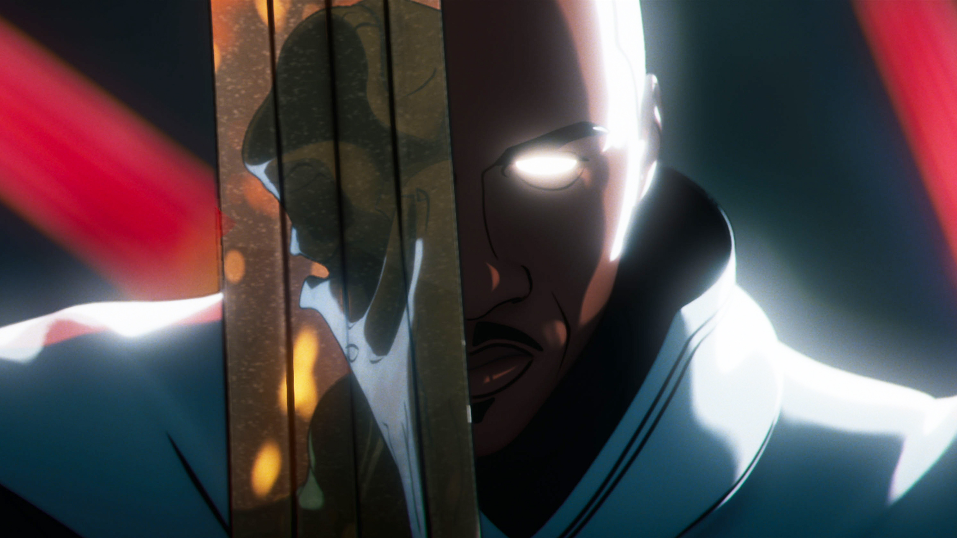 Blade Knight holding his sword to his face with Khonshu's reflection in it in Marvel Zombies