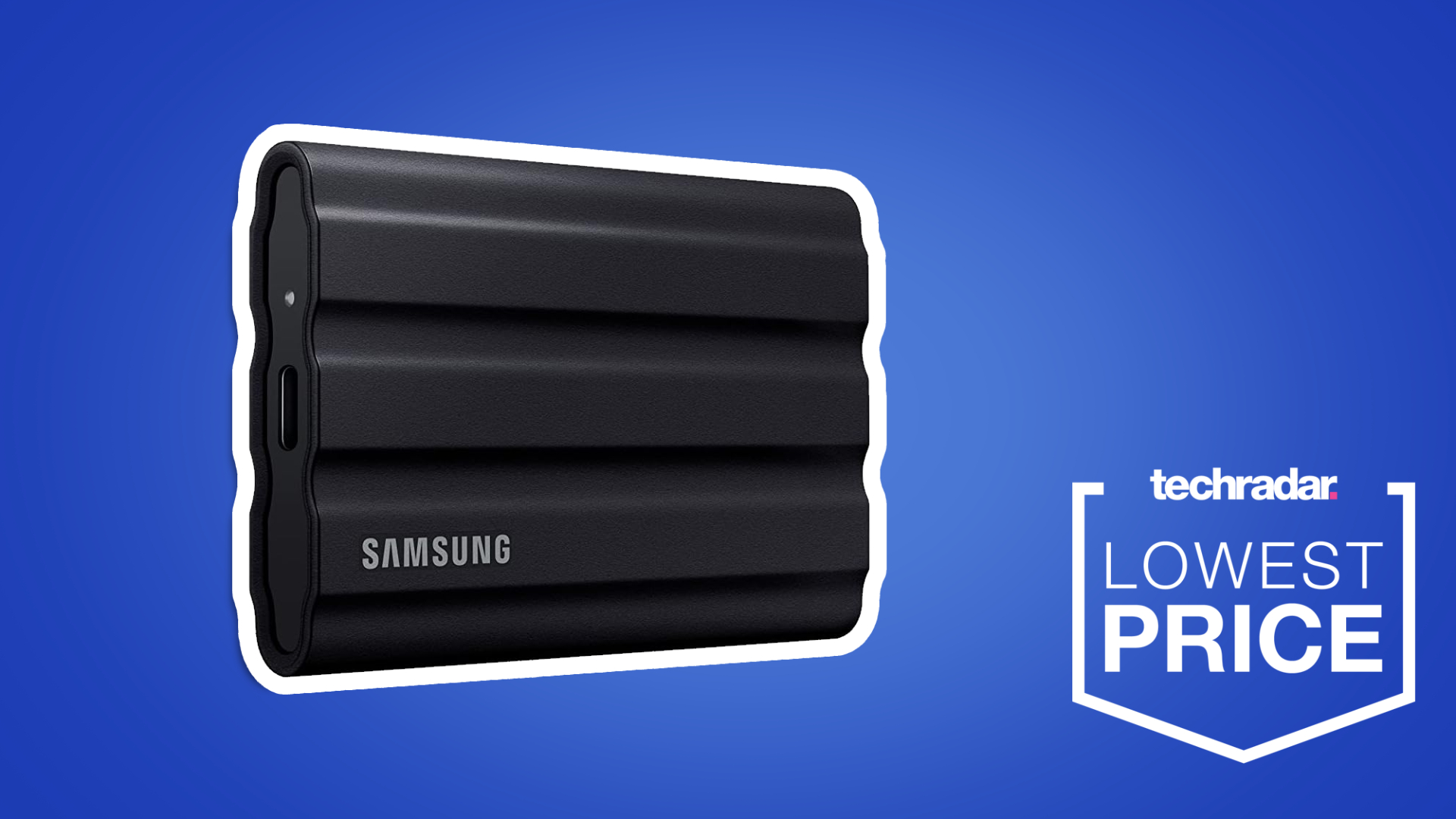 the Samsung T7 harddisk against a blue background with the TR deals logo