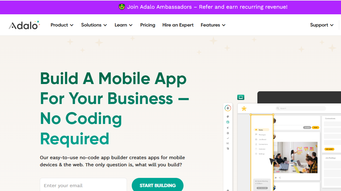 Homepage of the Adalo no-code app creation platform