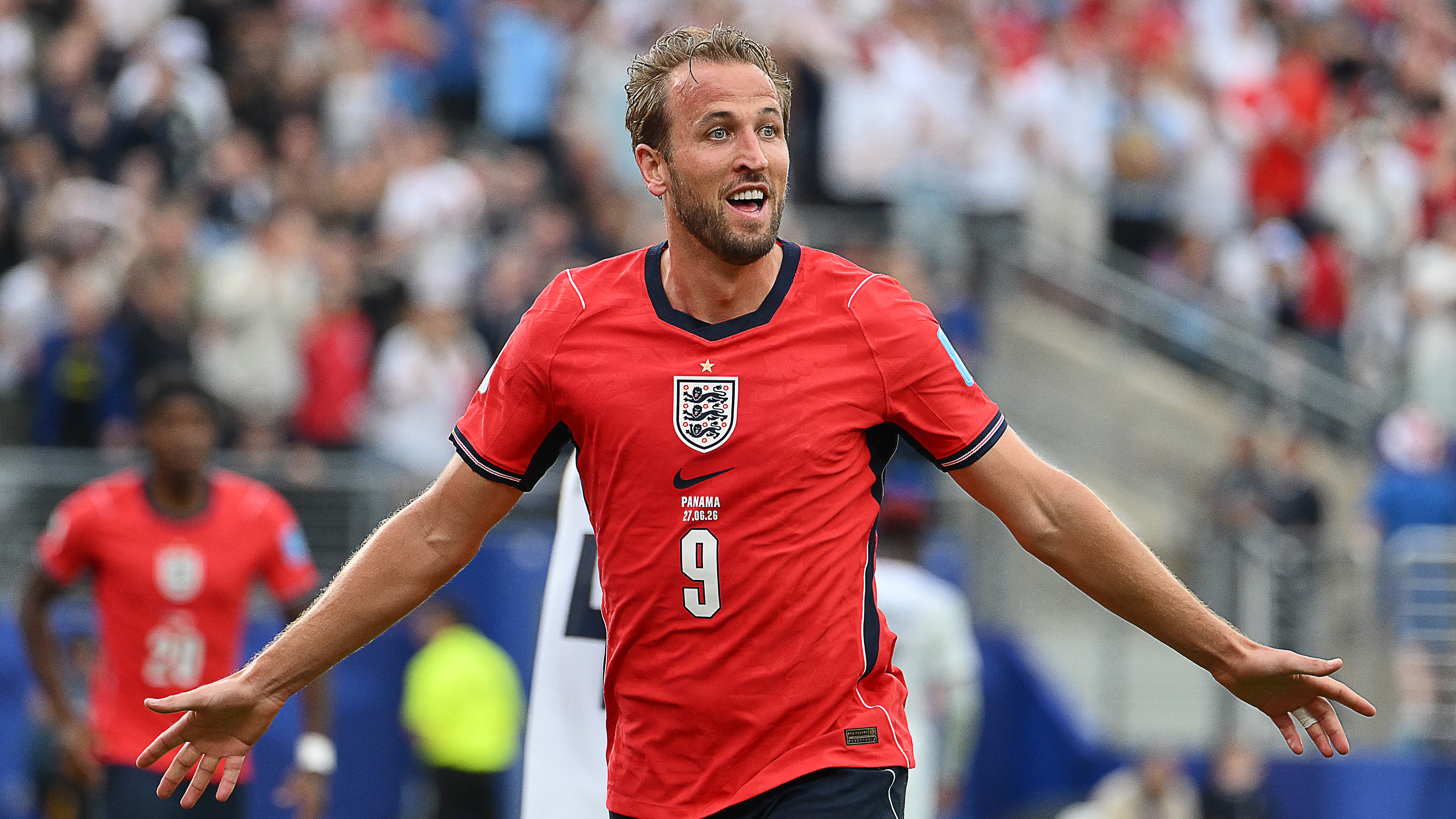 Harry Kane celebrates scoring his team's second goal during the 2026 World Cup Group L football match between Panama and England