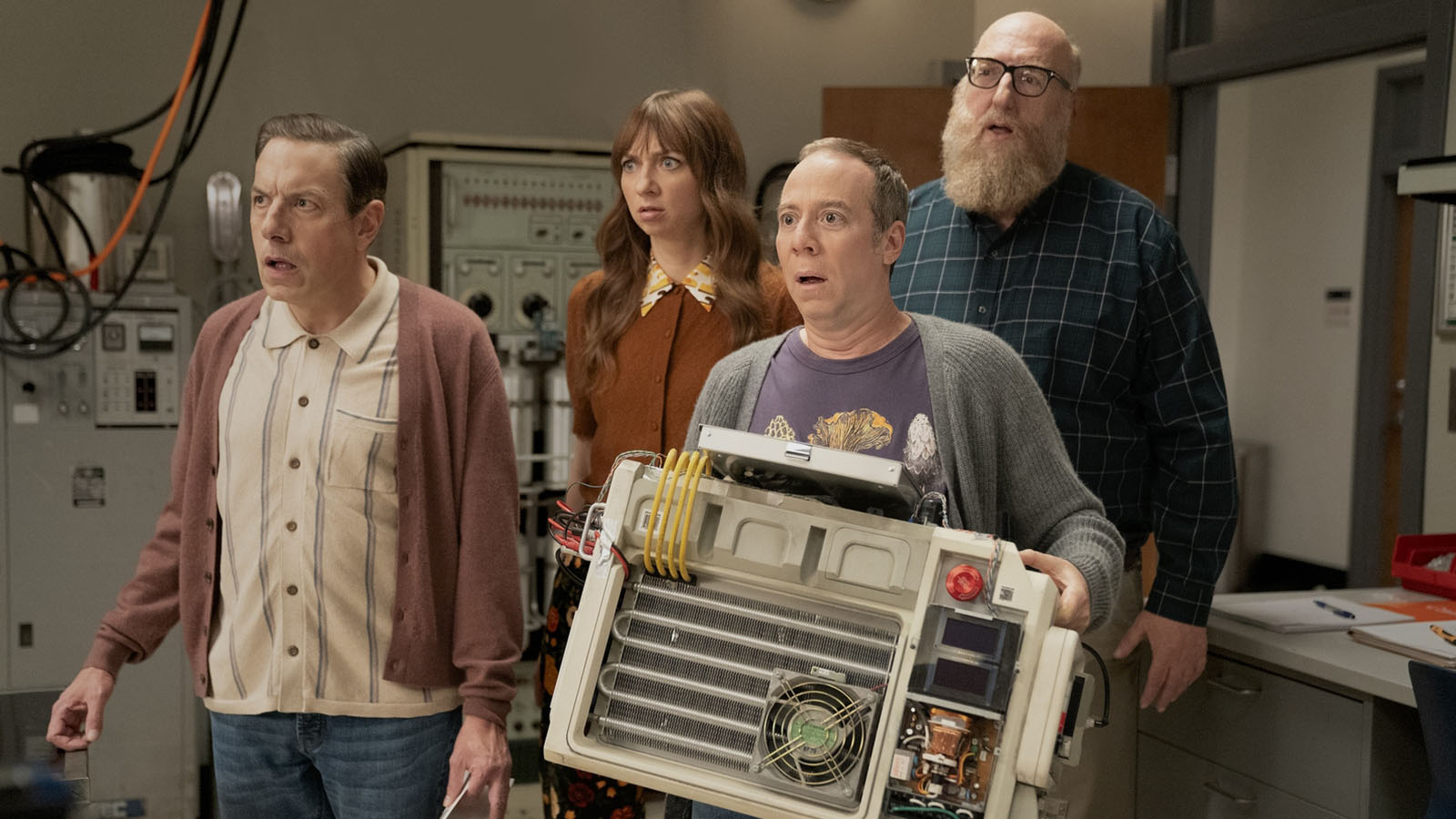 Barry, Denis, Stuart, and Bert looking shocked in The Big Bang Theory spin-off Stuart Fails to Save the Universe