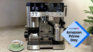 Ninja Luxe Cafe Premier espresso machine in stainless steel on a kitchen counter, with an Amazon Prime Day badge in the bottom right.