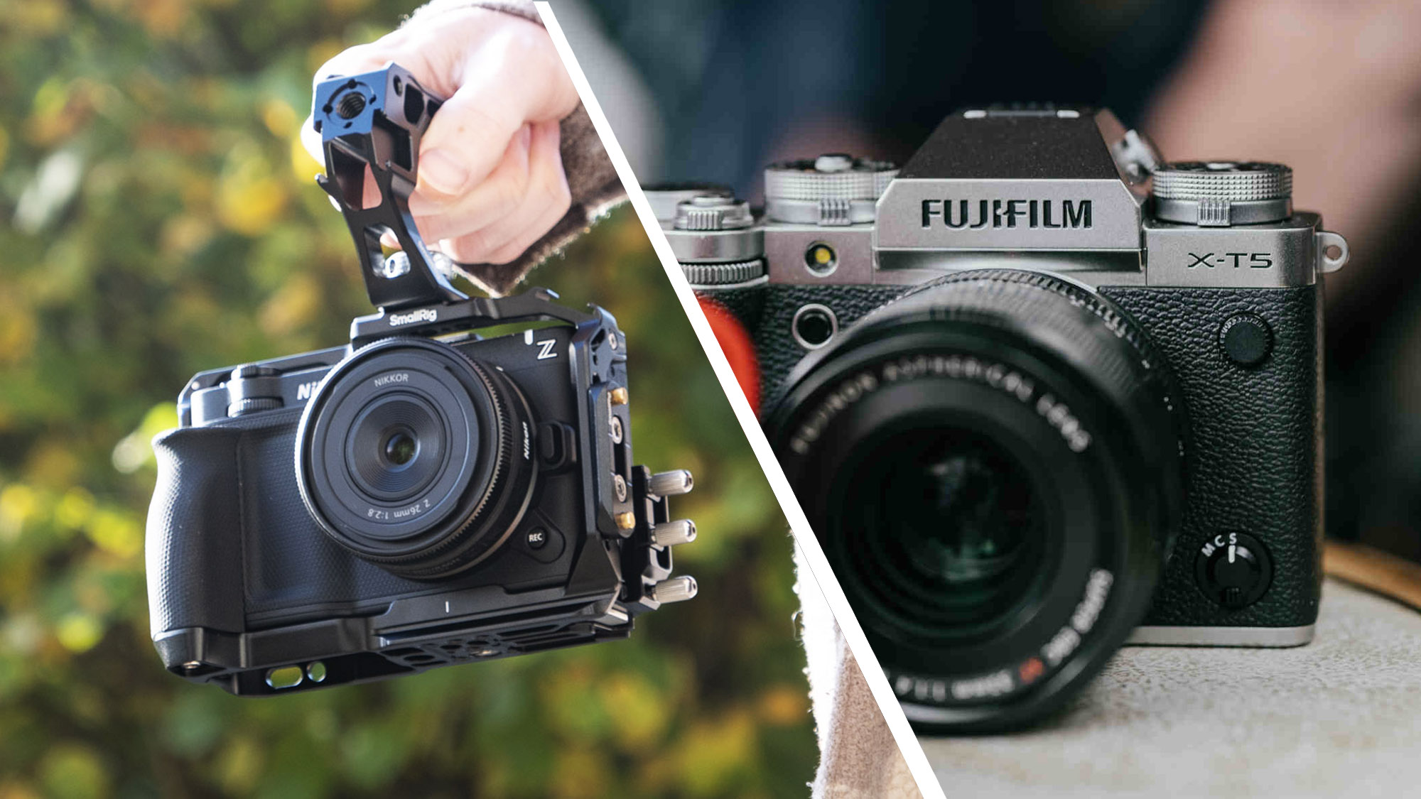 The Fujifilm X-T5 camera on a cafe table next to a bright red coffee cup (left), the Nikon ZR camera in a SmallRig cage, with user holding the kit by the top handle, outdoors (right)